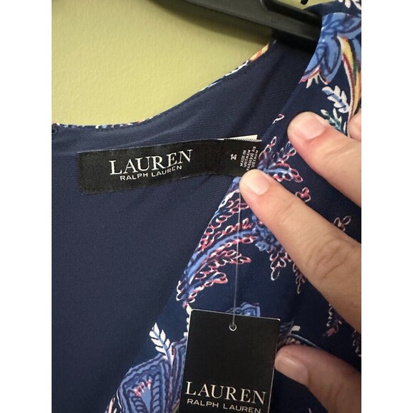 NWT‎ Lauren Ralph Lauren Floral Jersey Dress Sz 14 Stretch Navy Blue Long Sleeve - Picture 4 of 12